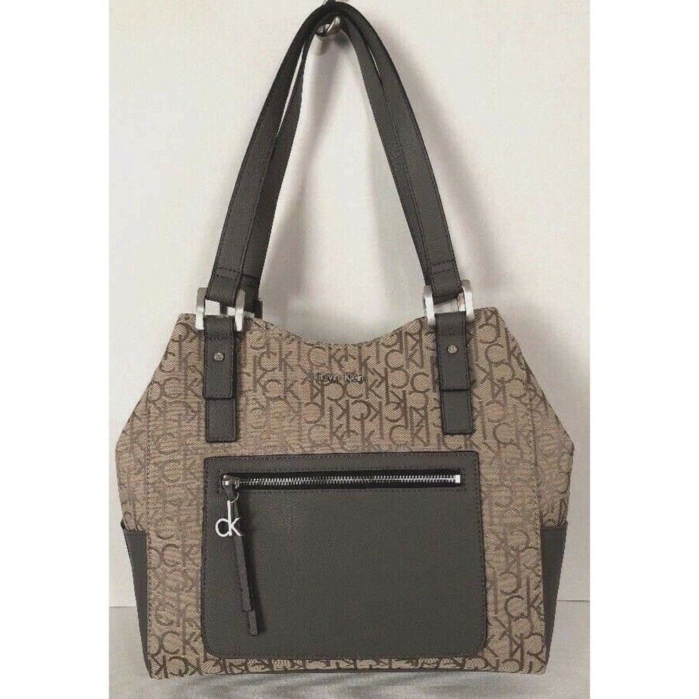 New Calvin Klein CK Logo Jacquard Center Zip Hobo Carryall handbag Grey / Grey